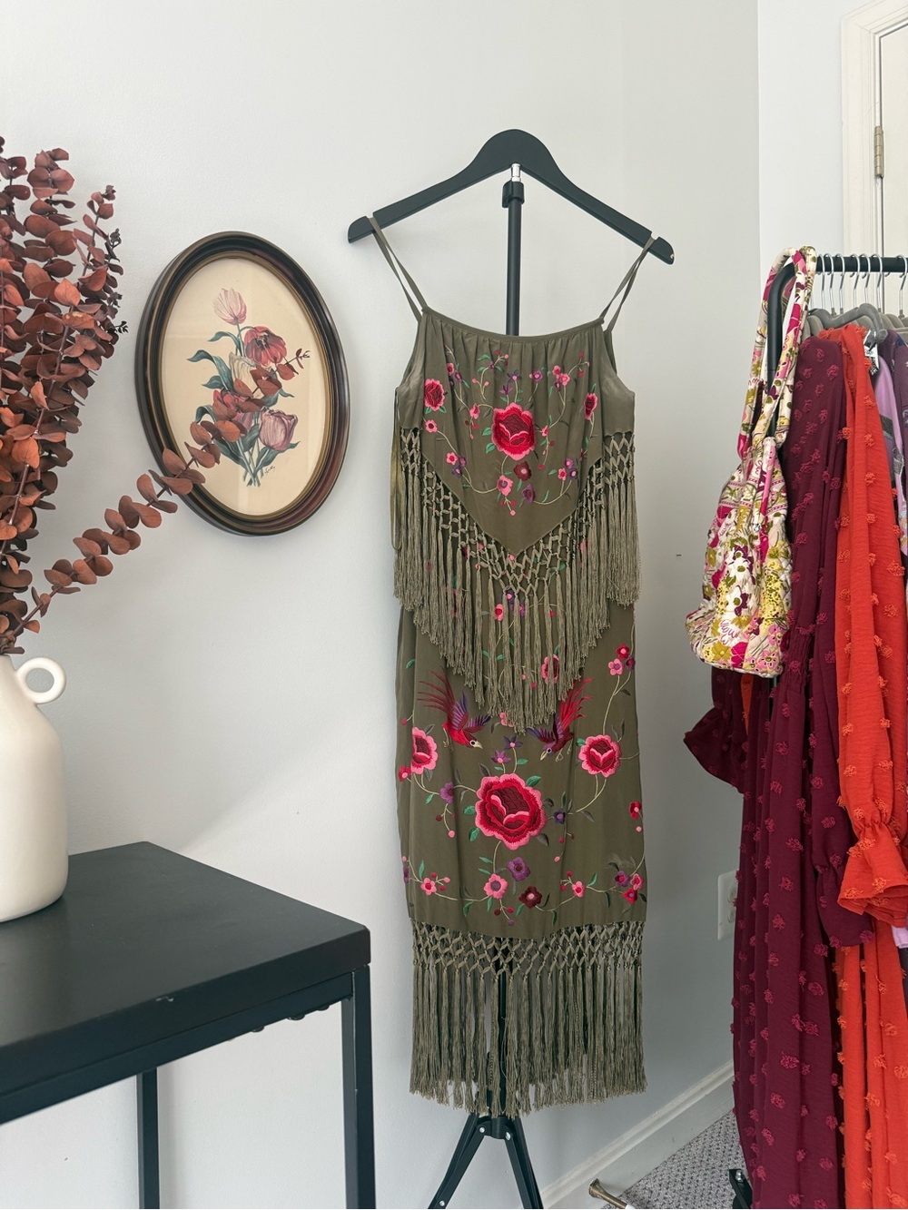 Sue Wong Olive Green Midi Dress with Pink Rose Embroidery